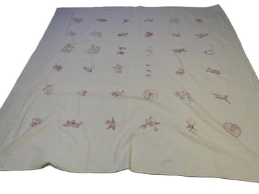 Antique Pennsylvania Dutch Hand-Stitched Handmade "Redwork" Quilt, with 1915 stitched date