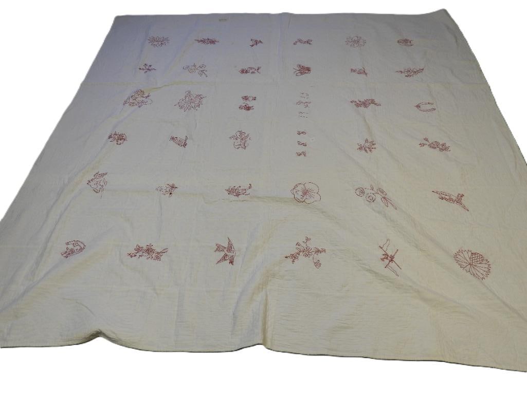Antique Pennsylvania Dutch Hand-Stitched Handmade "Redwork" Quilt, with 1915 stitched date (1 of 11)