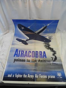 Vintage WWII Poster featuring Bell P-39 Airacobra: Vintage WWII Poster featuring Bell P-39 Airacobra referring to the aircraft's positive reputation and importance in the war, normal poster lines and wear due to age, approx. 28" x 39"