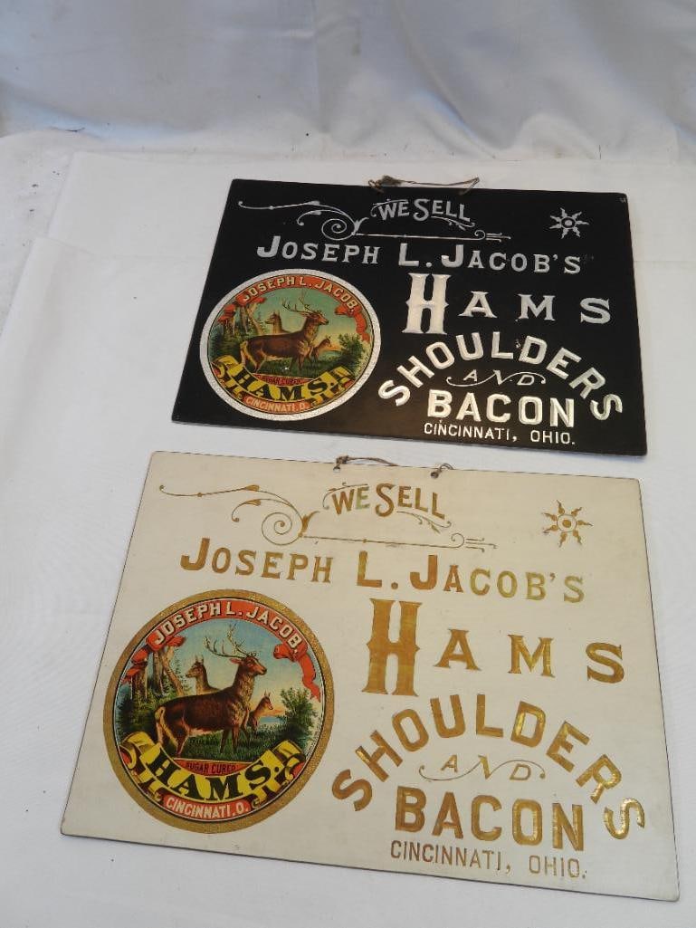 Two Vintage "Joseph L. Jacob's Hams, Shoulders and Bacon" ad signs HARD cardboard (1 of 8)