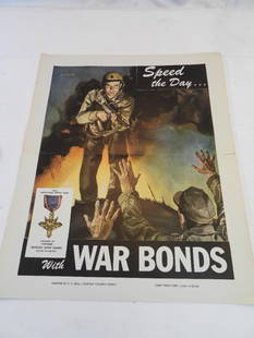 Vintage WWII Poster: "Speed the Day" with War Bonds: Vintage WWII Poster: "Speed the Day" with War Bonds, approx. 13" x 16", normal poster lines and wear due to age