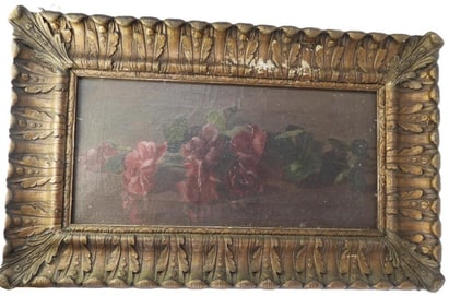 Antique oil painting of flowers in a gold-gilt antique wood frame
