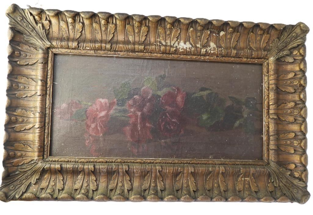 Antique oil painting of flowers in a gold-gilt antique wood frame (1 of 6)