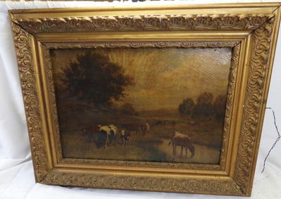 Antique oil painting of pastoral landscape in wood gold-gilt frame