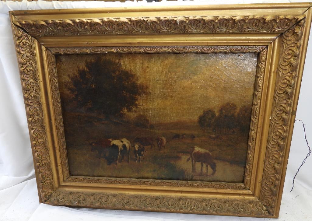 Antique oil painting of pastoral landscape in wood gold-gilt frame (1 of 8)