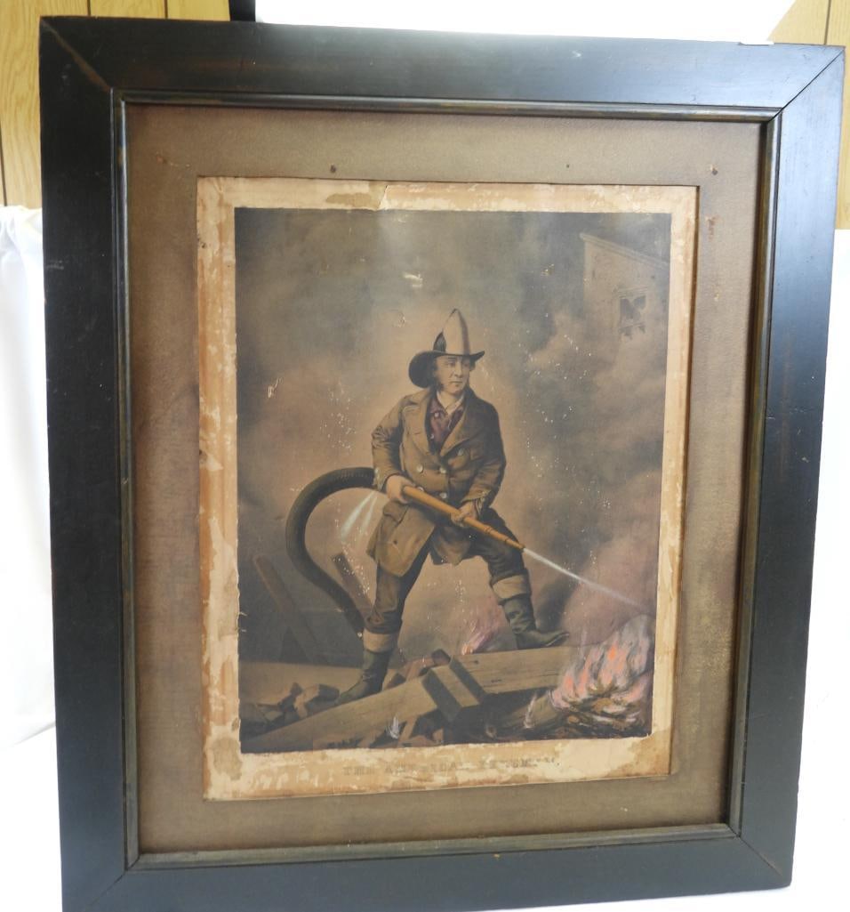 "The American Fireman: Facing the Enemy" original color lithograph antique (1 of 7)