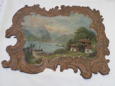 Antique oil painting landscape scene on panel