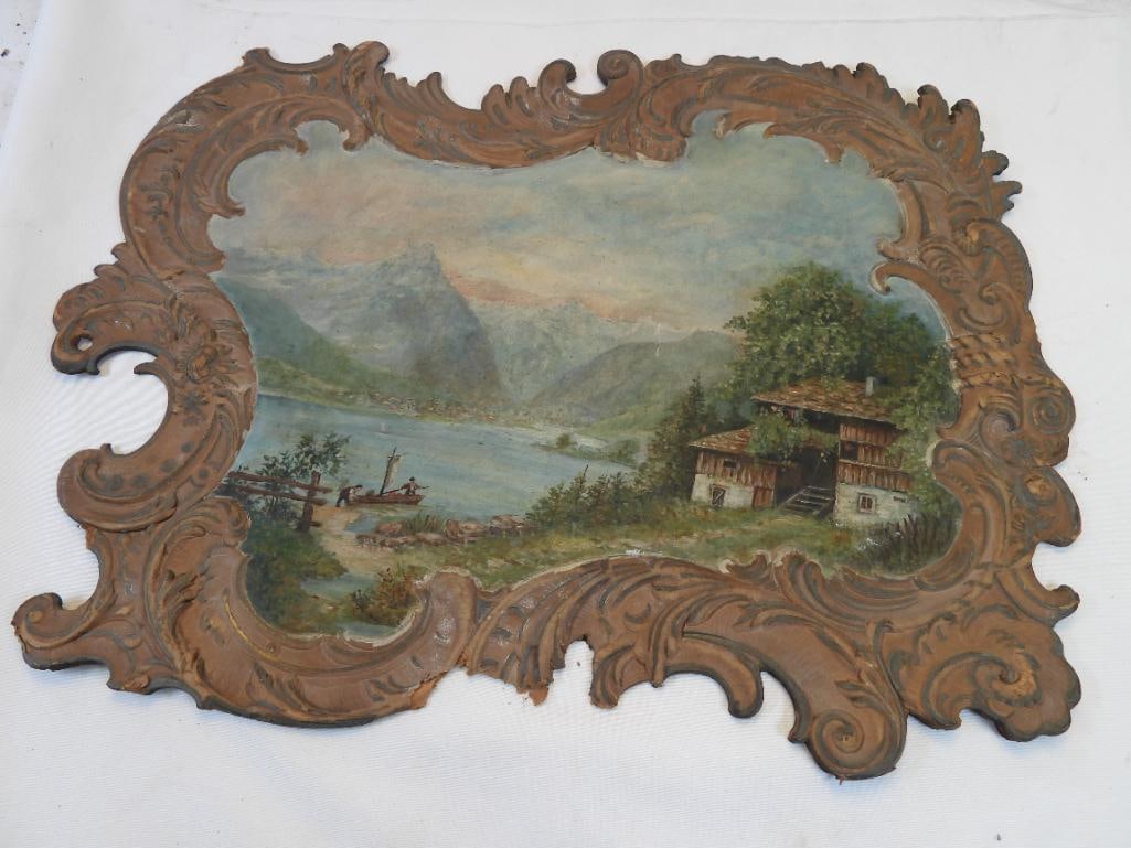 Antique oil painting landscape scene on panel (1 of 8)
