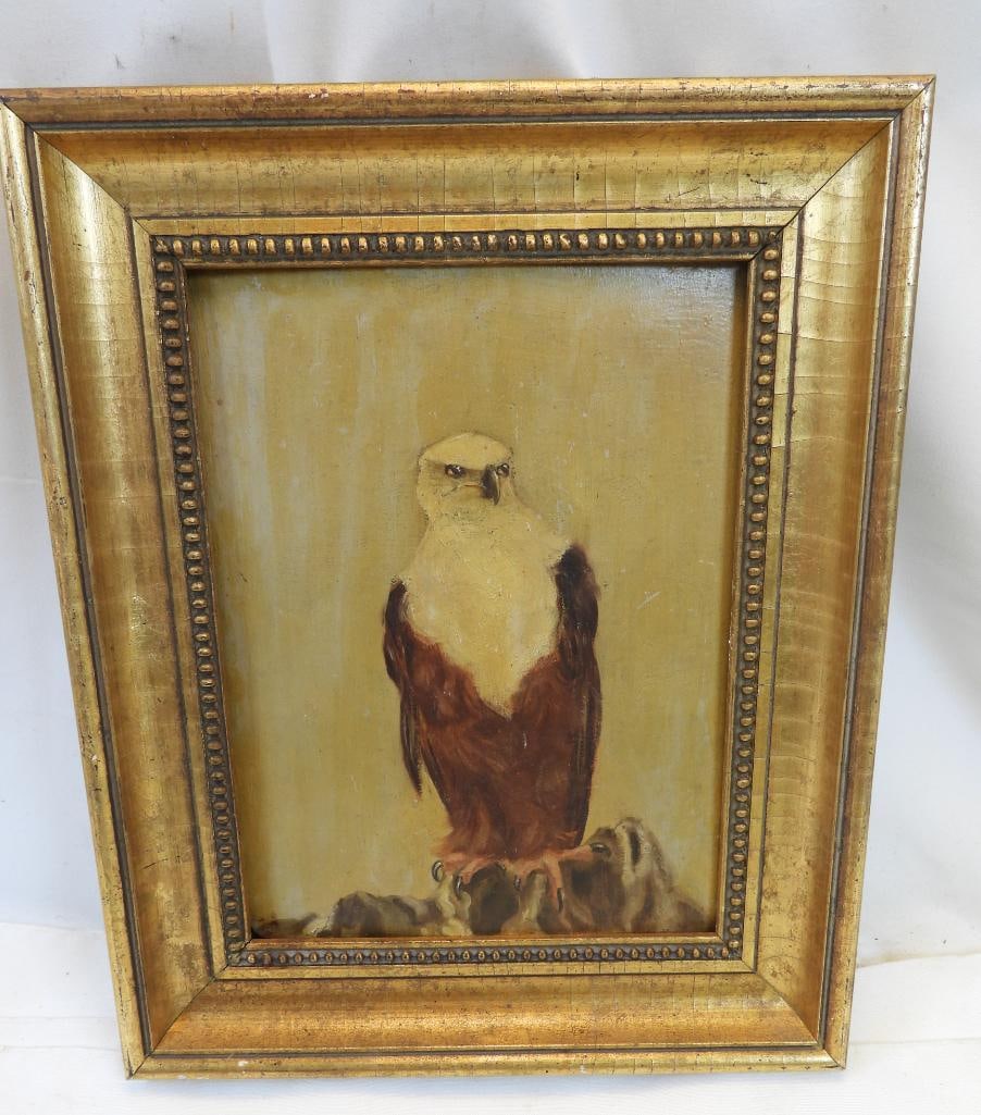 Antique oil painting of a bald eagle or african fish eagle perched on a rock (1 of 6)