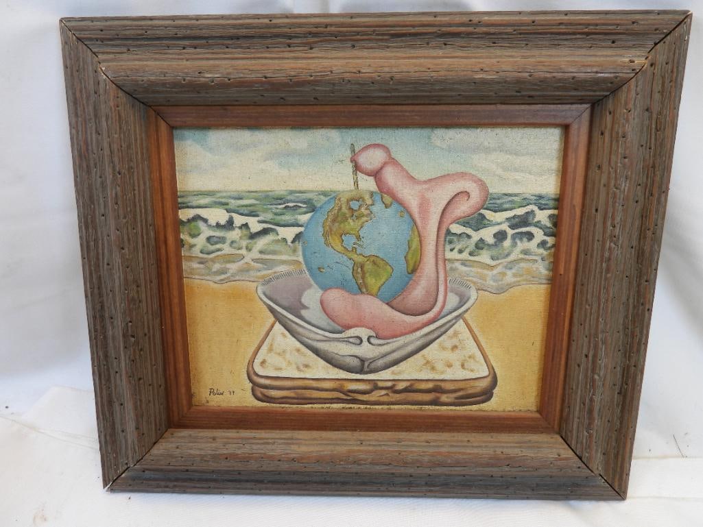 Vintage framed oil painting titled "Rebirth of Venus" signed Polin 77: Vintage oil painting of "Rebirth of Venus", signature of Polin '77, see photos for markings and wear due to age