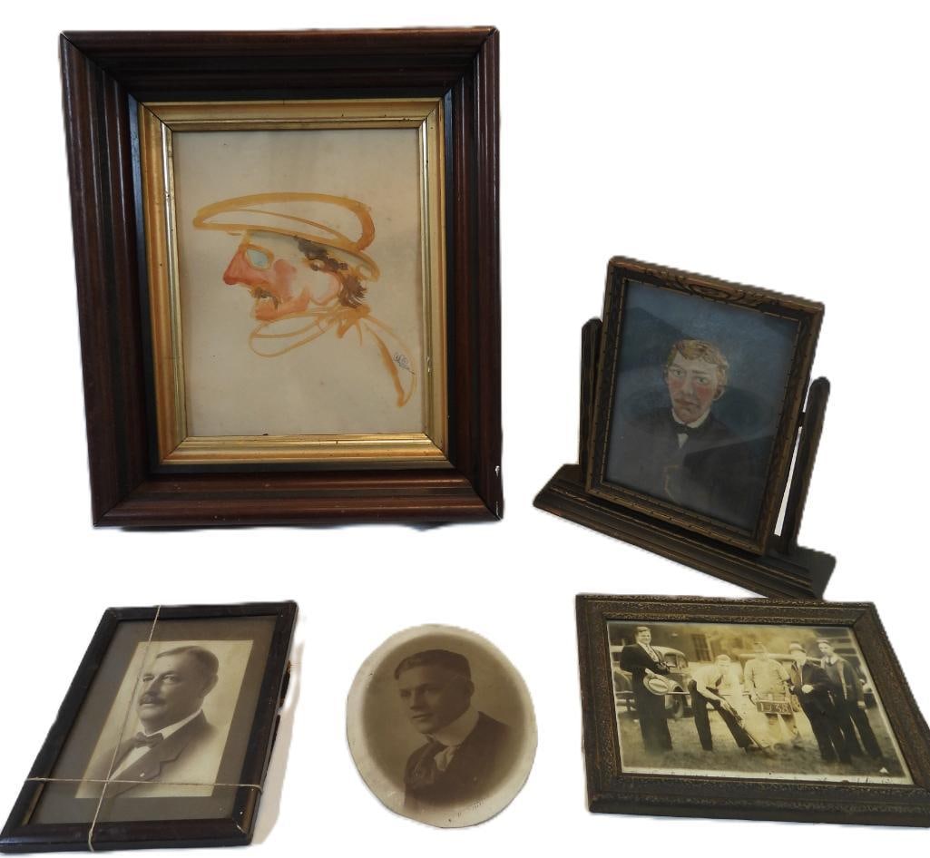 LOT OF 5 antique framed vintage photographs and painting one Signed Carl Reese: LOT OF 5 antique framed vintage photographs and watercolor painting with signature- Carl Reese, see photos for wear to age or use
