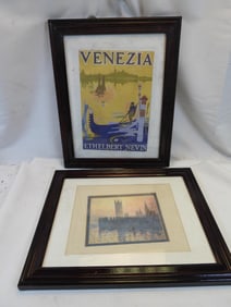 LOT OF two framed vintage prints of "The Houses of Parliament, Sunset" and "Venezia"