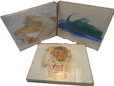 LOT OF 3 drawings/paintings watercolor (2) lion paintings (1) water sea in acrylic frames