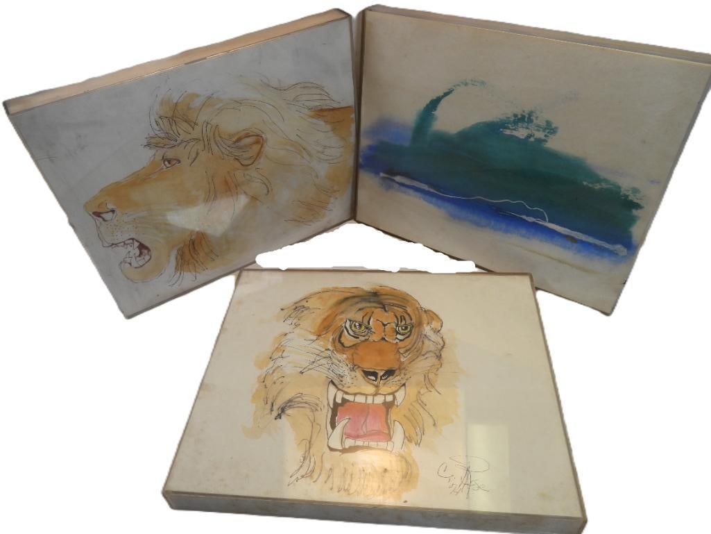 LOT OF 3 drawings/paintings watercolor (2) lion paintings (1) water sea in acrylic frames: LOT OF 3 drawings/paintings with C-Thru Frames, may have some residue on paintings or inside of frames
