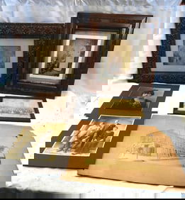 LOT OF 6 antique portraits and landscapes, 3 framed