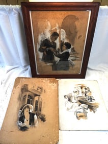 LOT OF 3 Antique men and women lithographs, one framed
