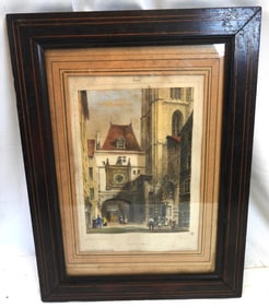 Antique colored lithograph of Gros Horloge (Great Clock)
