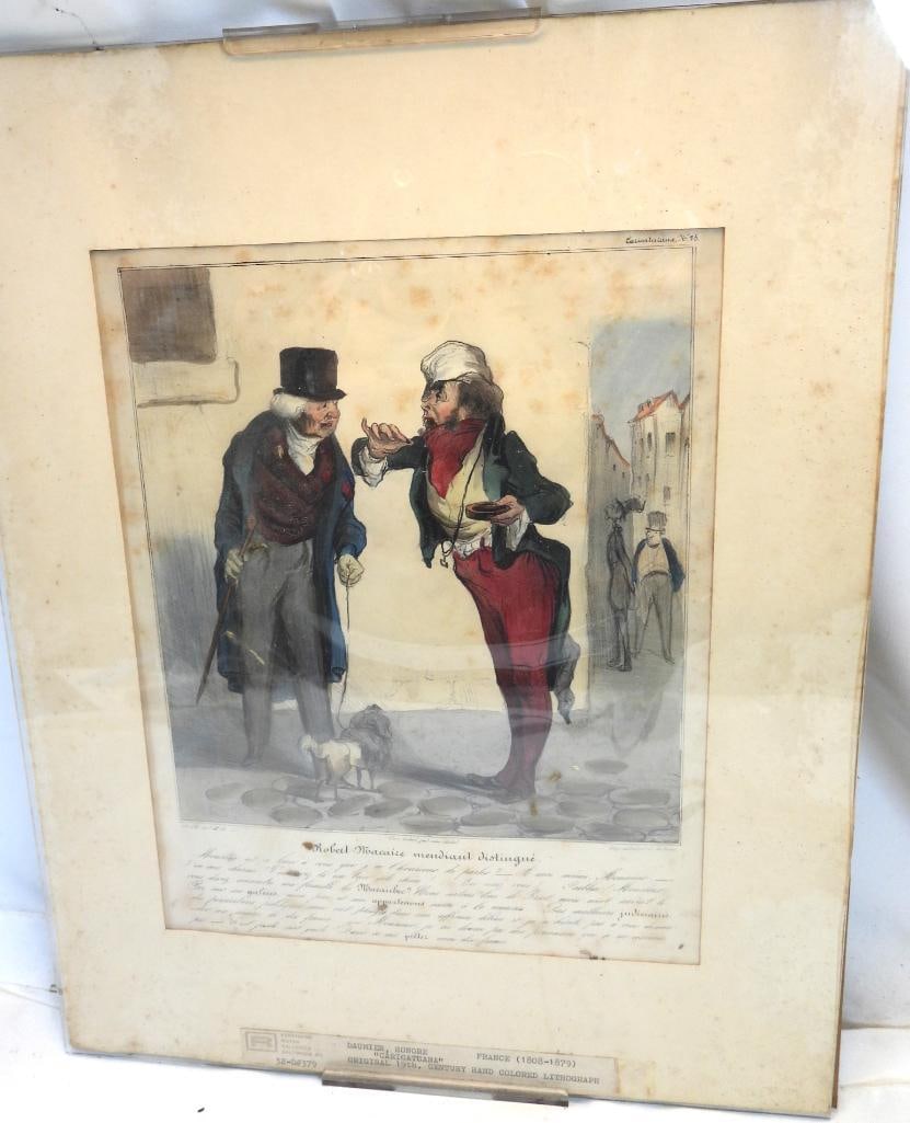 Antique hand-colored lithography by Honore Daumier: Antique hand-colored lithography by Honore Daumier titled "Robert Macaire mendiant distingue", approx. 14" x 18", see photos for residue and wear on print due to age and use