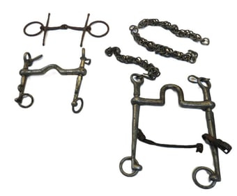 Lot of antique horse bits and chains, likely 19th century or early 20th century