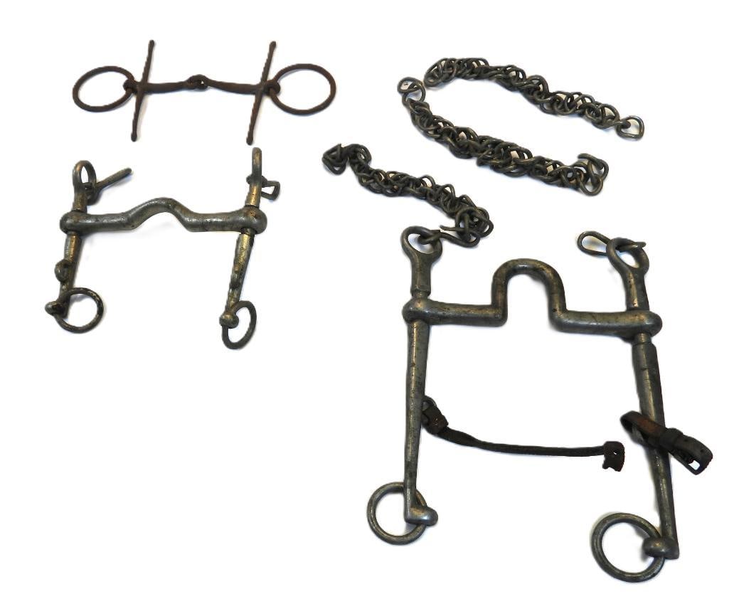 Lot of antique horse bits and chains, likely 19th century or early 20th century: Lot of antique horse bits and chains, different styles used for leverage and control of horse, likely 19th or early 20th century