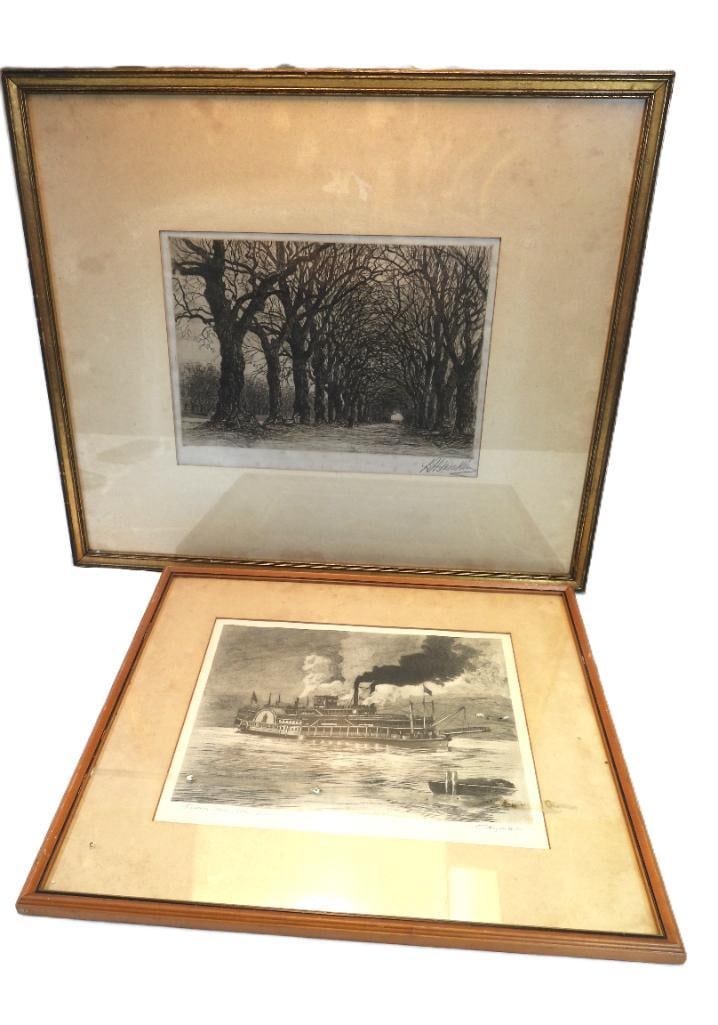 LOT OF 2 framed etchings including antique signed by Lewis Henry Meakin (1850-1917) (1 of 11)