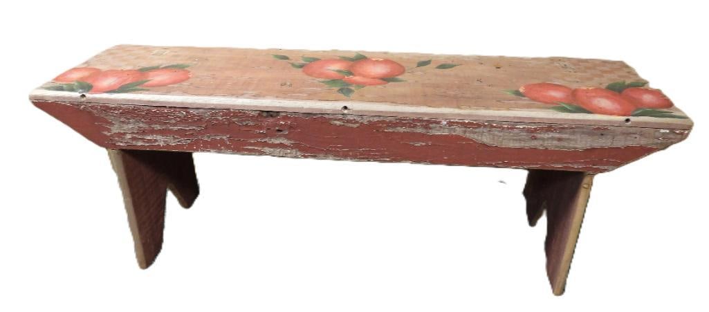 Antique Folk Art Red Fruit Painted Wooden Bench (1 of 9)