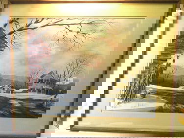 Vintage watercolor painting of a winter landscape, framed