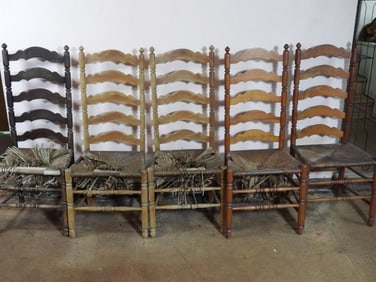 LOT OF 5 high-back antique farmhouse chairs
