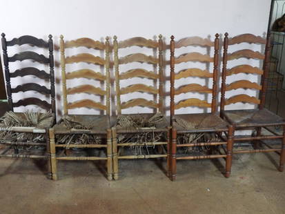LOT OF 5 antique amish shaker ladderback high chairs cane seats: LOT OF 5 high-back antique farmhouse chairs, 16" wide, 18" length and 44" tall backs, two re-finished and three need re-caning on seats