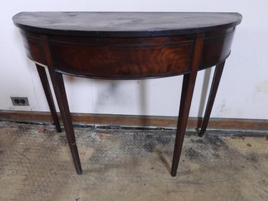 Antique oak  half-moon accent table, burl front