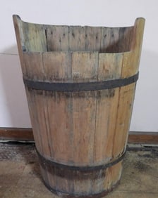 Antique wood cast iron banded grape carrier barrel