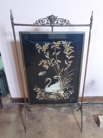 Antique Silk Embroidered Swan in antique cast brass gothic frame stand