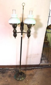 three way oil brass floor lamp with milk glass shades