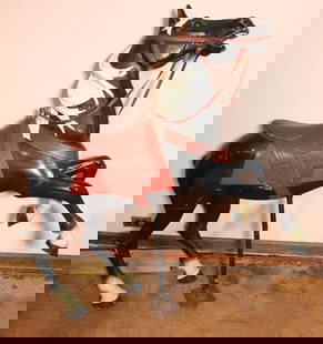Antique Wood Carousel Horse with pole and original paint: unique antique carousel horse, approx 50" long, 56" tall, 12" wide, see photos due to wear or age, no tail, no markings on bottom.