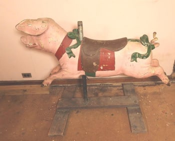 Antique wood carousel pig with cast iron stand original paint