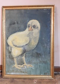 Vintage original oil painting of a yellow canary, C Reese