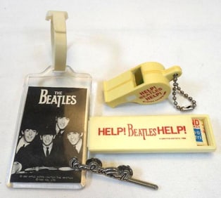 LOT OF 4 BEATLES memorabilia including a whistle and band aid holder