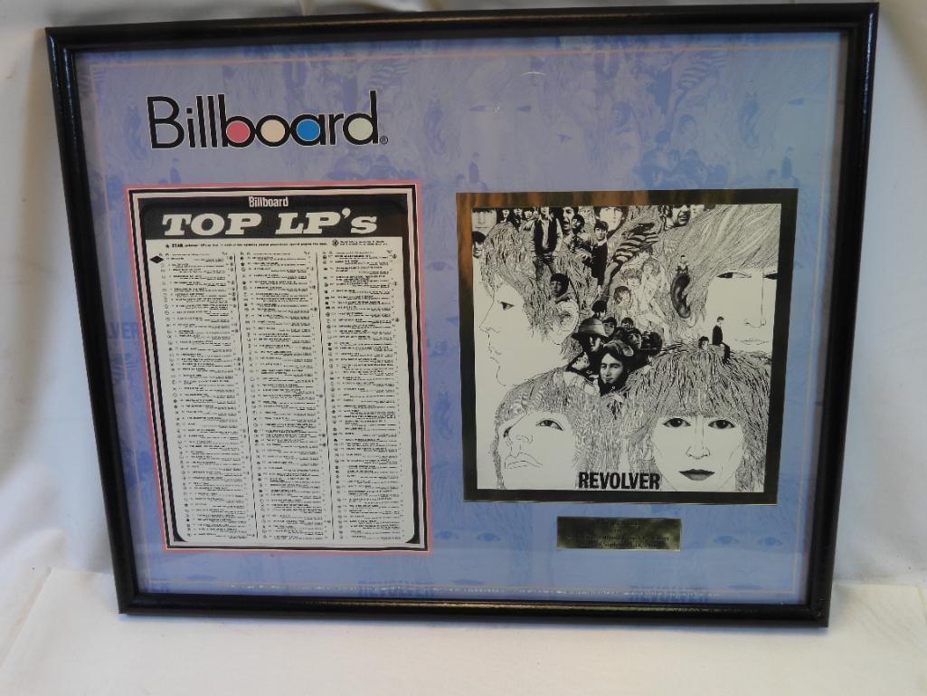 Billboard Collection's Edition commemorative BEATLES plaque reprint: Billboard Collection's Edition commemorative BEATLES plaque reprint showing billboard chart week of 9/10/66 with "Revolver" at #1 position, certificate on back of frame, approx. 17" x 21"