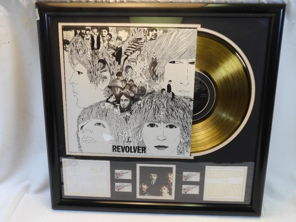 BEATLES "Revolver" Display framed: BEATLES "Revolver" Display framed including album artwork, gold-colored vinyl record, signatures and band member pins, no certificate of authenticity, frame is approx. 21" x 22"
