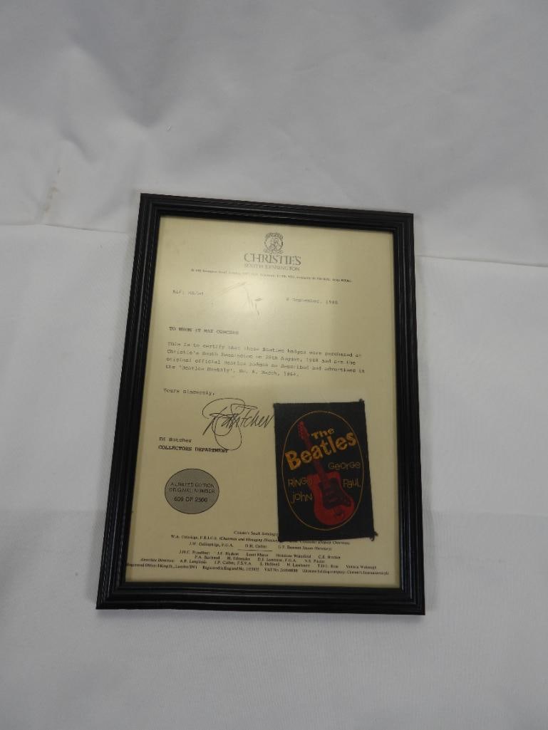 Framed original official BEATLES badge, Limited Edition 609 of 2500: Framed original official BEATLES badge, Limited Edition 609 of 2500