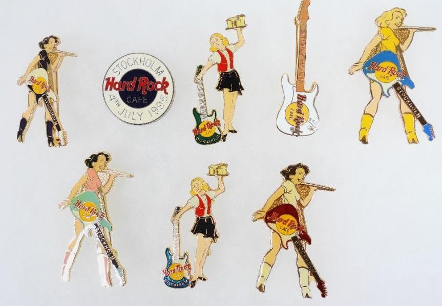 LOT of 7 Stockholm Hard Rock Café pins: LOT of 7 Stockholm Hard Rock Café pins, including 1996 pin with F.C. Parry 0121 440 6861 on back