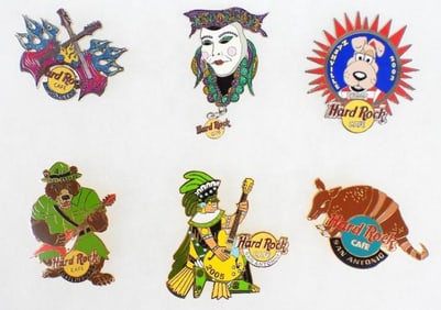 LOT OF 6 Hard Rock Café pins including limited edition and anniversary pins