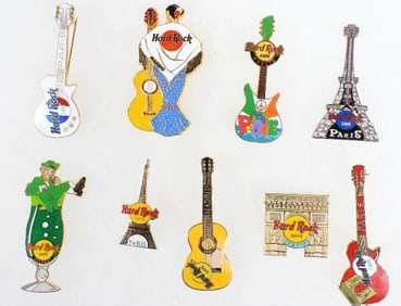LOT OF 9 Hard Rock Café pins including Paris, Budapest and Madrid