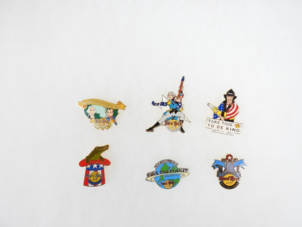 LOT OF 6 Hard Rock Café pins including 4th of July and Louisiana Purchase: LOT OF 6 Hard Rock Café pins including 4th of July and Louisiana Purchase, see photos for designs