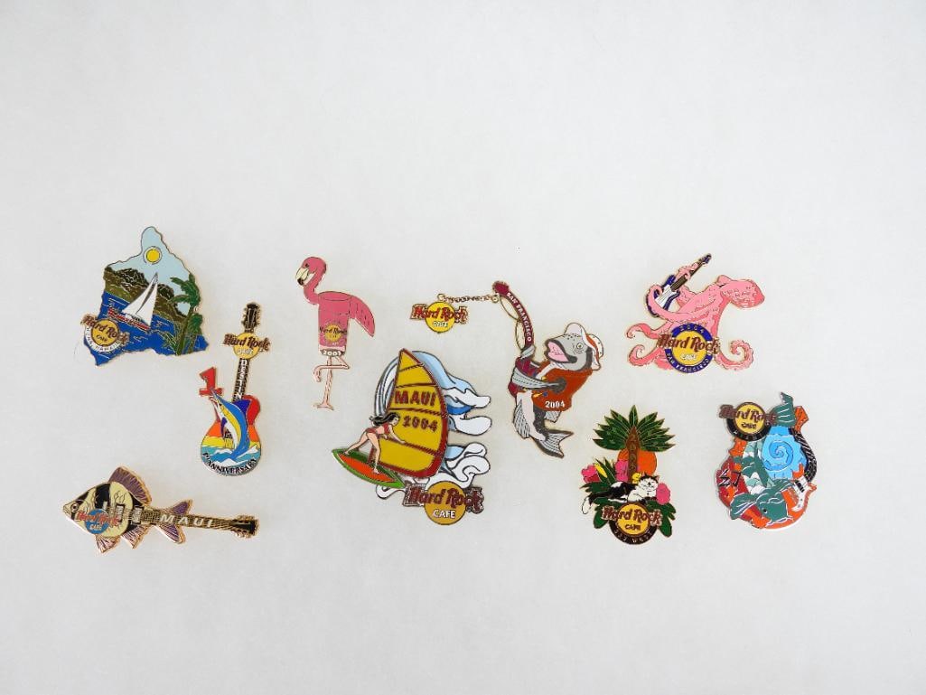 LOT OF 10 Hard Rock Café pins including authentic marked pins: LOT OF 10 Hard Rock Café pins including authentic marked pins, see photos of locations, designs and markings on back of pins
