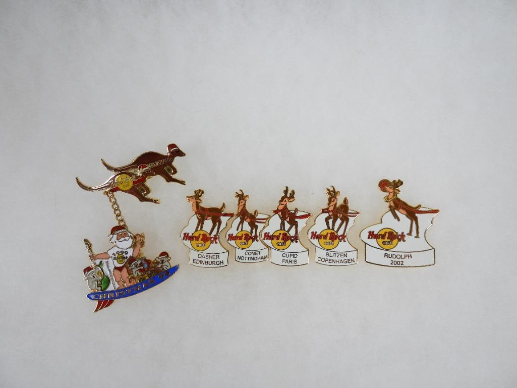 LOT OF 6 Hard Rock Café pins including Christmas '99 and Reindeer: LOT OF 6 Hard Rock Café pins including Christmas '99 and Reindeer including Blitzen, Comet, Cupid, Dasher and Rudolph