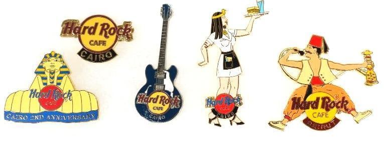 LOT OF 5 Hard Rock Café pins including Beirut and Cairo: LOT OF 5 Hard Rock Café pins including Beirut and Cairo (see photos for designs and back markings)