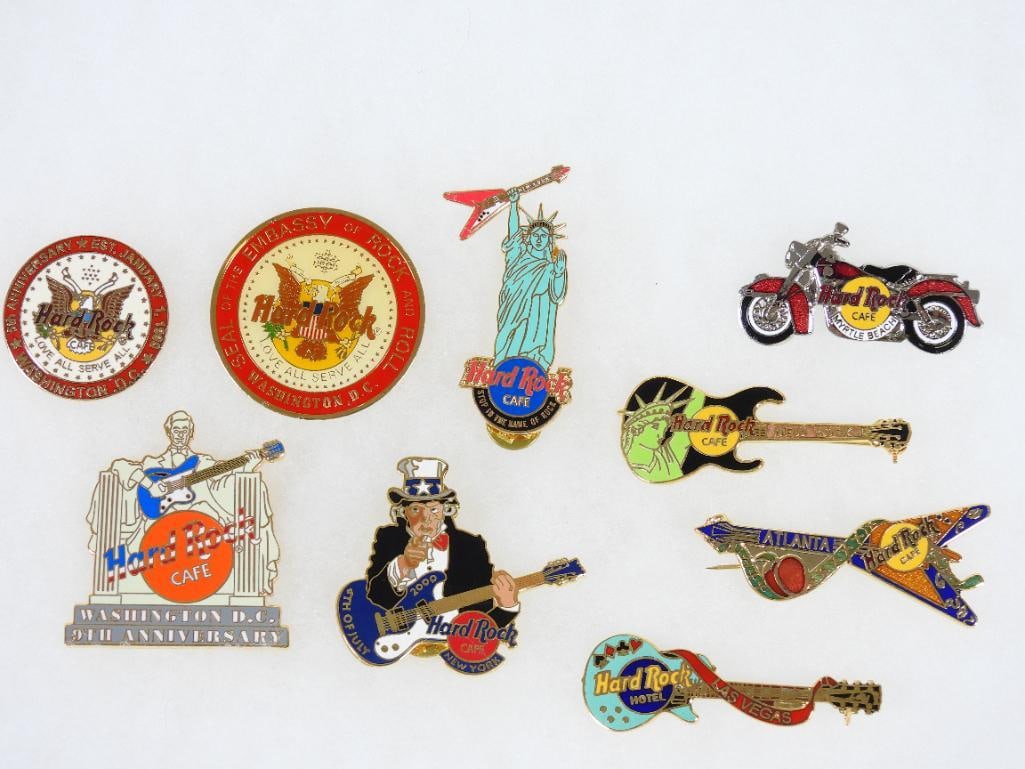LOT OF 9 Hard Rock Café pins including Seal of the Embassy of Rock and Roll: LOT OF 9 Hard Rock Café pins including Seal of the Embassy of Rock and Roll, New York, 5th Anniversary DC (see photos for designs)
