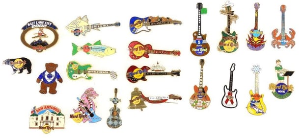 LOT OF 21 Hard Rock Café pins including Dallas and World's Aids Day