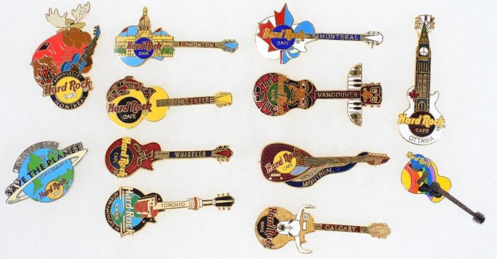 LOT OF 12 Canadian Hard Rock Café pins including anniversary pin: LOT OF 11 Canadian Hard Rock Café pins including anniversary pin, Calgary, Vancouver, Montreal (see photos for designs)